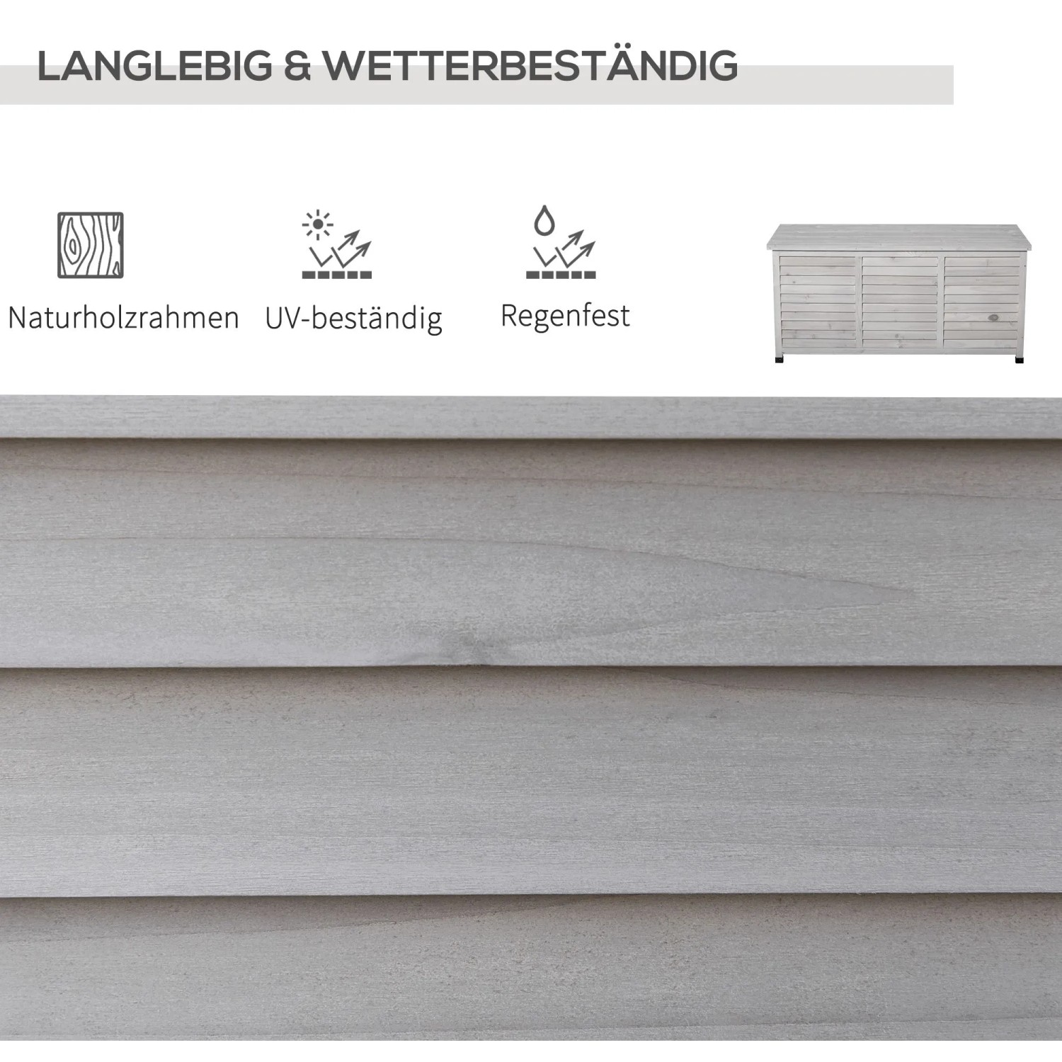 Graue Outsunny Gartenbox aus Holz, wetterbeständig, UV-beständig und regenfest. Langlebige Aufbewahrung.