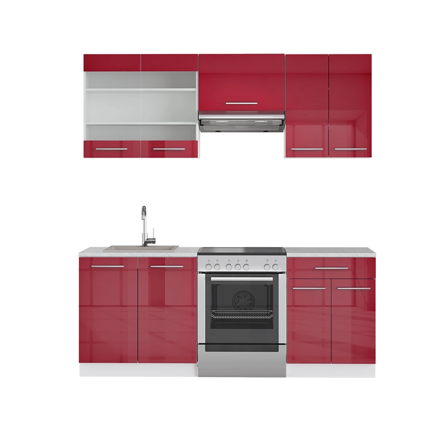 Vicco Fame-Line Küchenschränke Bordeaux Hochglanz/Weiß 200 cm AP Marmor günstig online kaufen