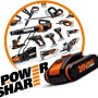 Worx 20V Akku mit verschiedenen Worx Werkzeugen im Hintergrund.