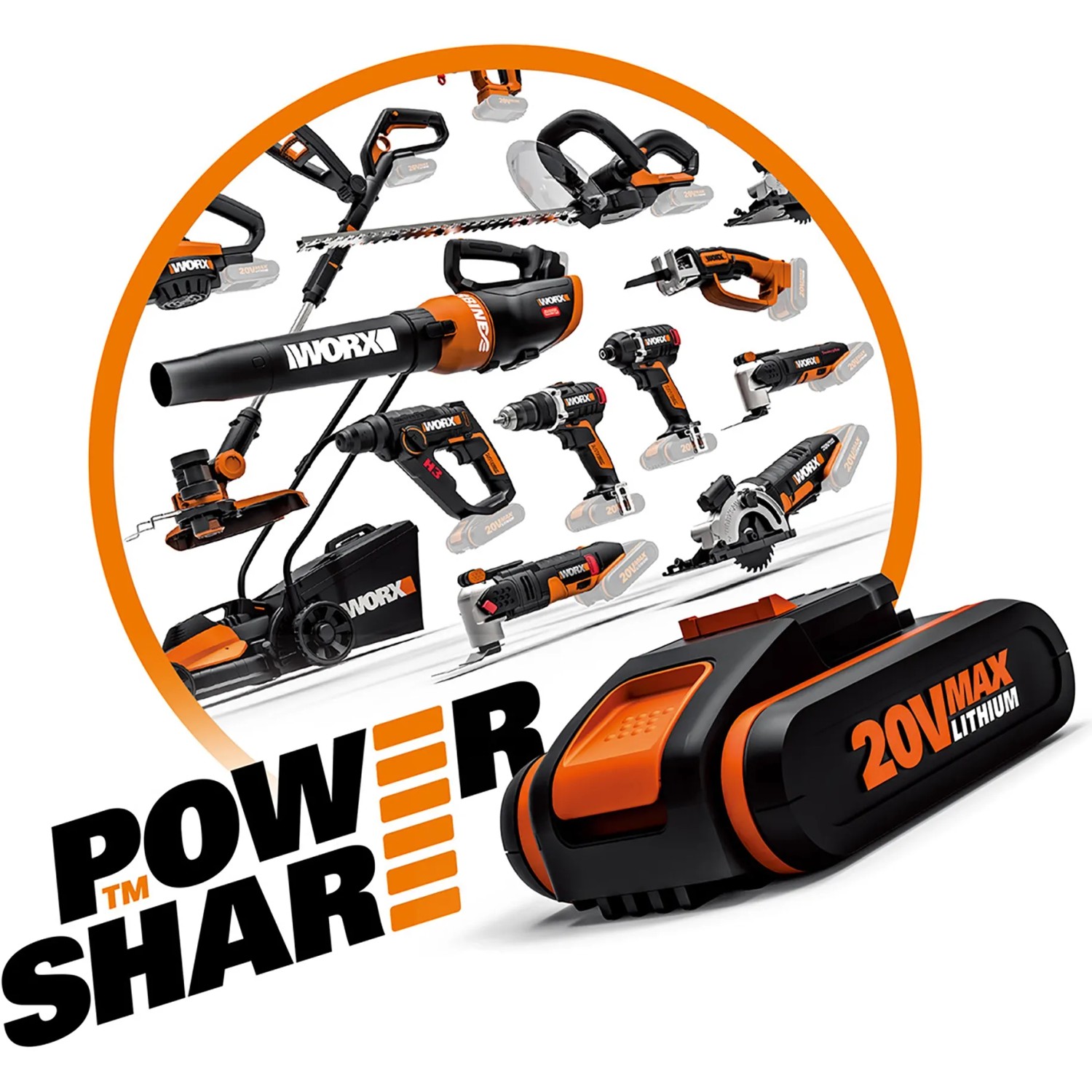 Worx 20V Akku mit verschiedenen Worx Werkzeugen im Hintergrund.