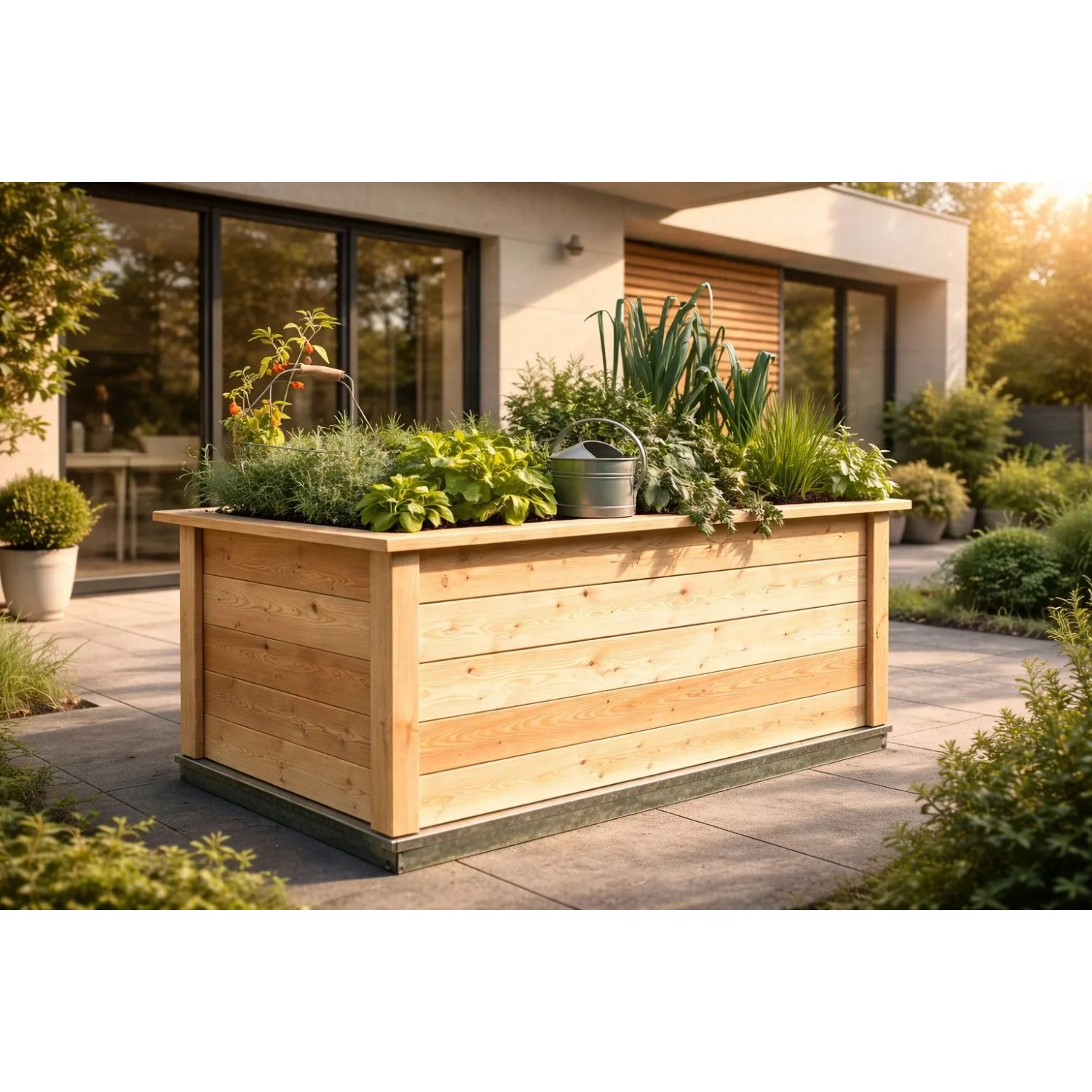 KGT Hochbeet Woody aus hellem Lärchenholz, bepflanzt mit Gemüse & Kräutern, auf Terrasse vor modernem Haus.