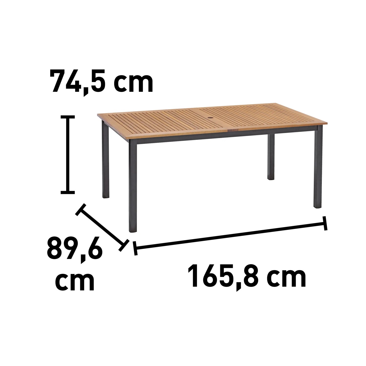 Gartentisch Bonlee, rechteckig, braunes FSC®-Holz, 166x90cm, mit Maßangaben.