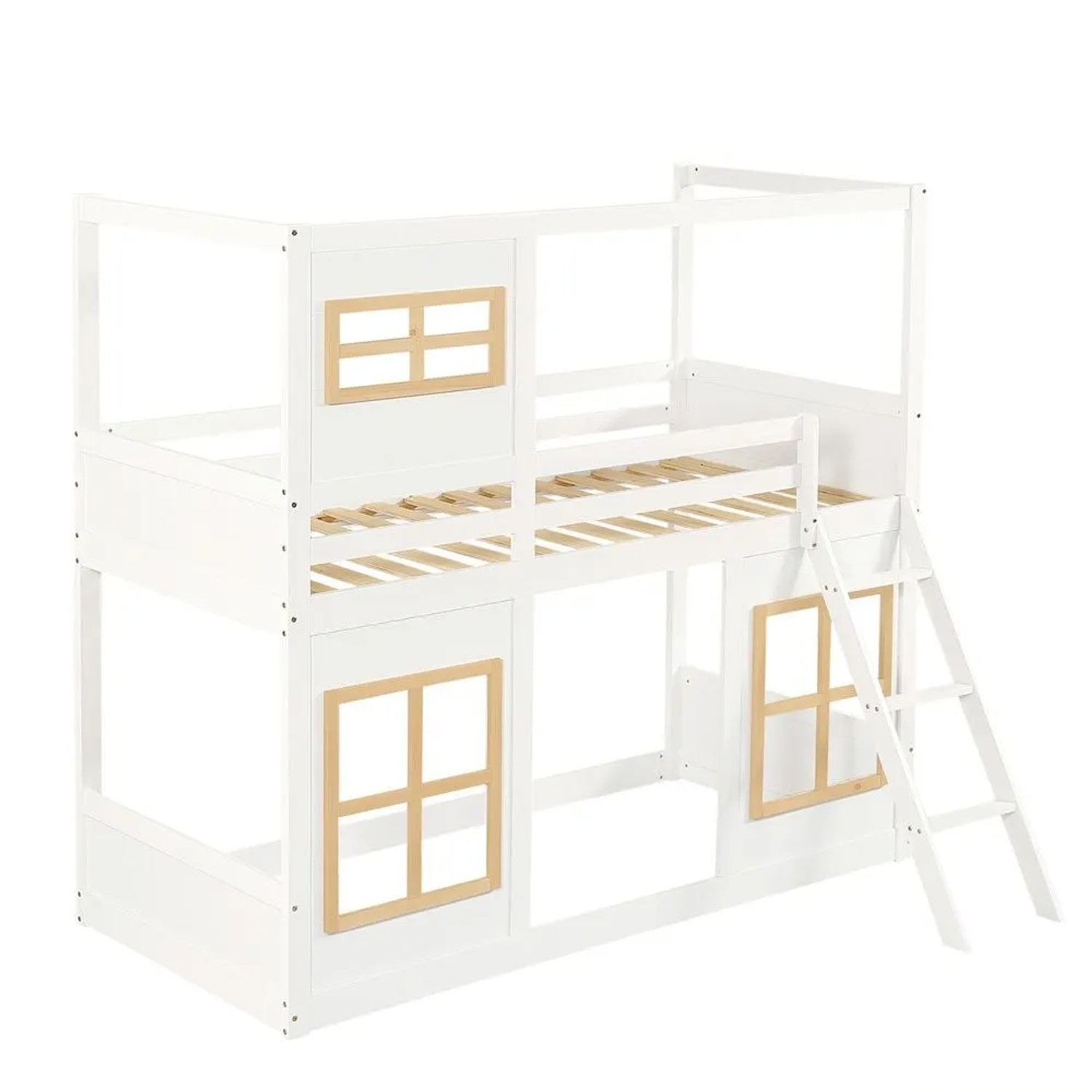 KOMHTOM Etagenbett  Kinderbett  90 x 200 Cm  Mit Fenster  Stabiler Leiter Und Vierseitigem Schutzgitter  Kiefernholz + Mdf + Sperrholz  Weiß + Natur