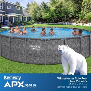 Bestway APX365 Solo Pool, Ø 610 cm, dunkelgraue Marmor-Optik, mit Stahlrahmen und Personen im Wasser.