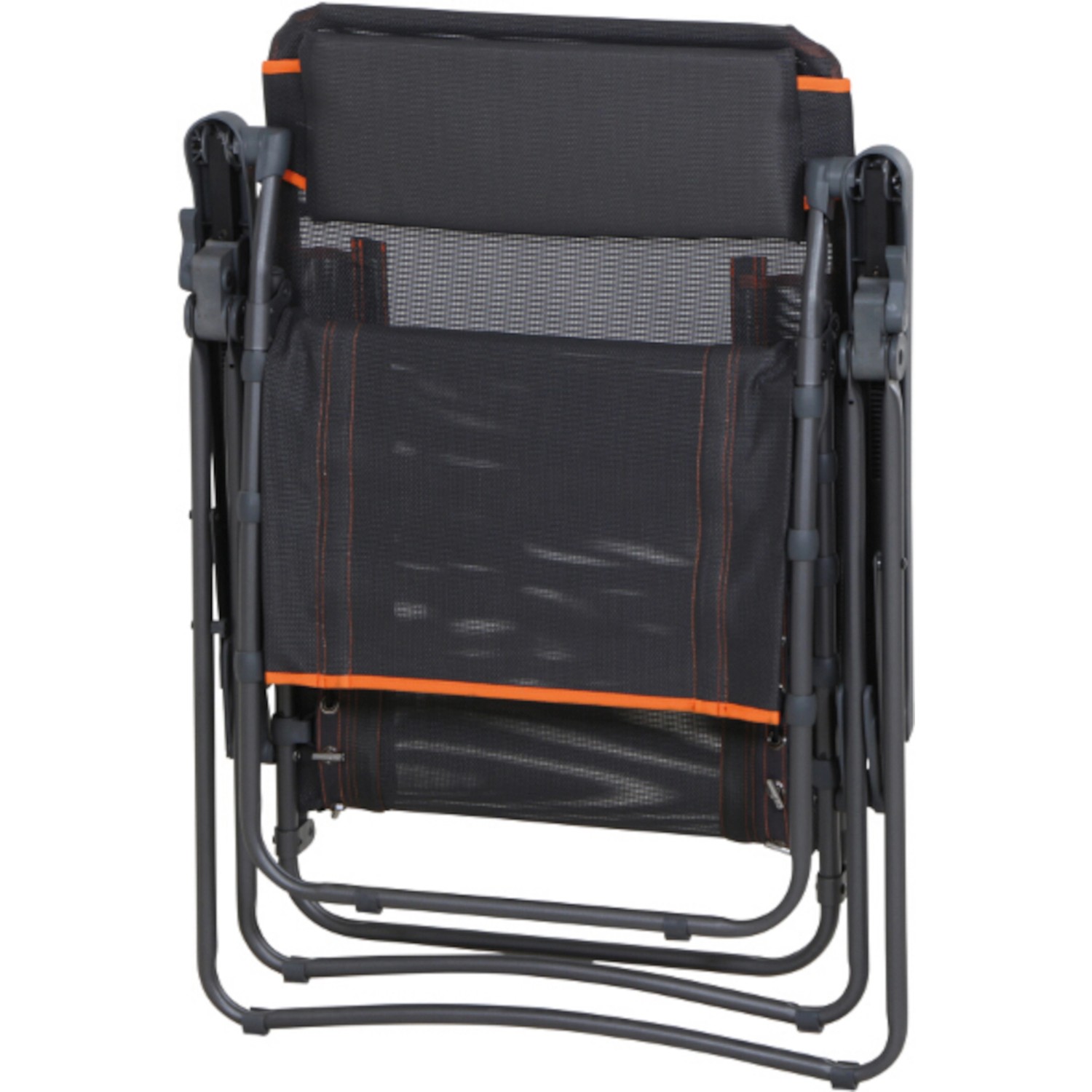 Zusammengeklappter, anthrazitfarbener Siena Garden Campingstuhl Relax Comfort. Kompakt für Transport und Lagerung.