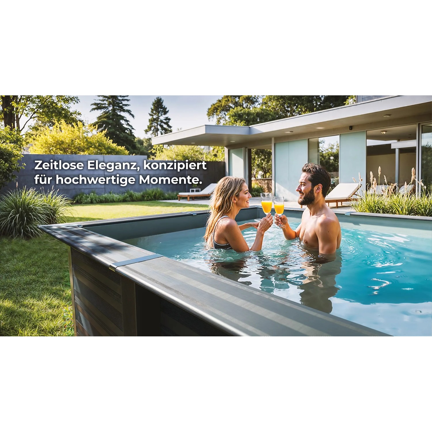 Rechteckiger Gre Pool Avantgarde Composite mit LED, Paar beim Anstoßen im Pool.