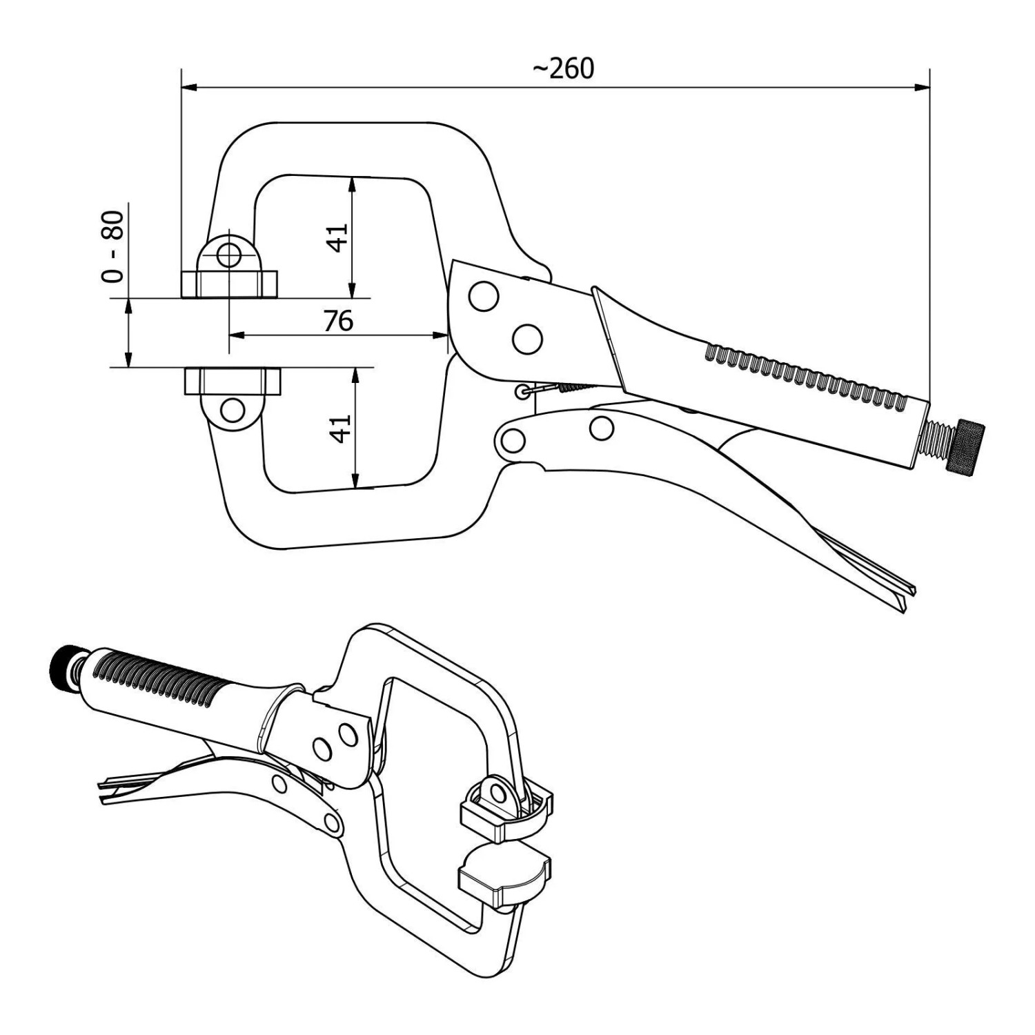 SOTECH Grip Klemmzange Typ C 285x145mm: Technische Zeichnung mit Maßen. C-Klemme, Schnellspannzwinge für Eisenwaren.