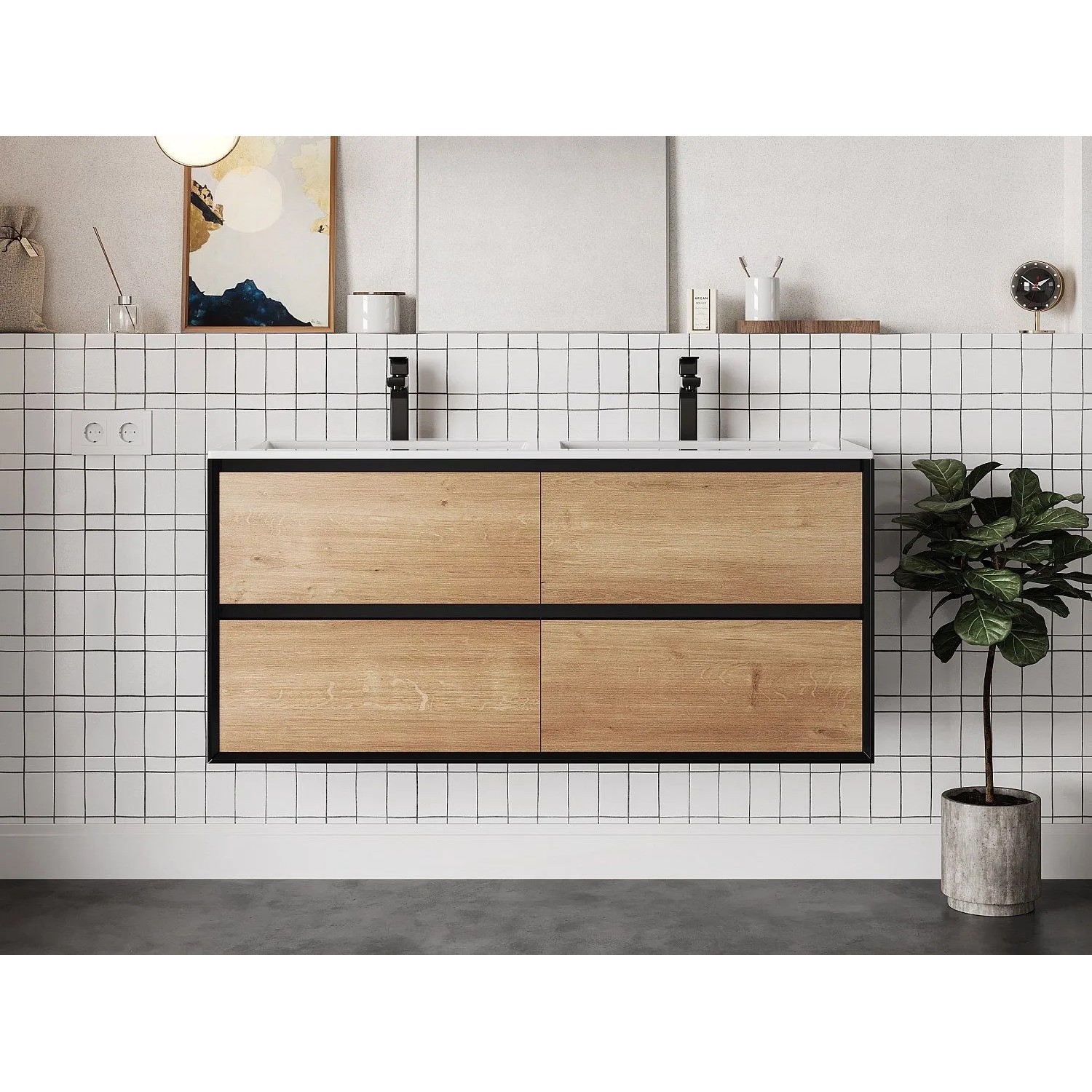 Vente-unique Doppelwaschtisch Lannick Schwarz  Naturfarben Hell 120 cm
