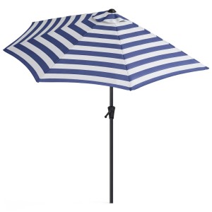 Sekey halbrunder Balkonschirm 270 cm mit blau-weißen Streifen und Kurbel.