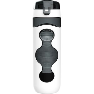 Weiße Tritan Trinkflasche Fresh, 720 ml, mit schwarzem Deckel und Designelementen.