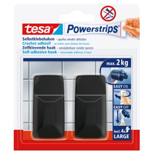 Tesa Powerstrips Klebehaken L, eckig, schwarz, 2 Stück, für spurloses Aufhängen bis 2 kg.