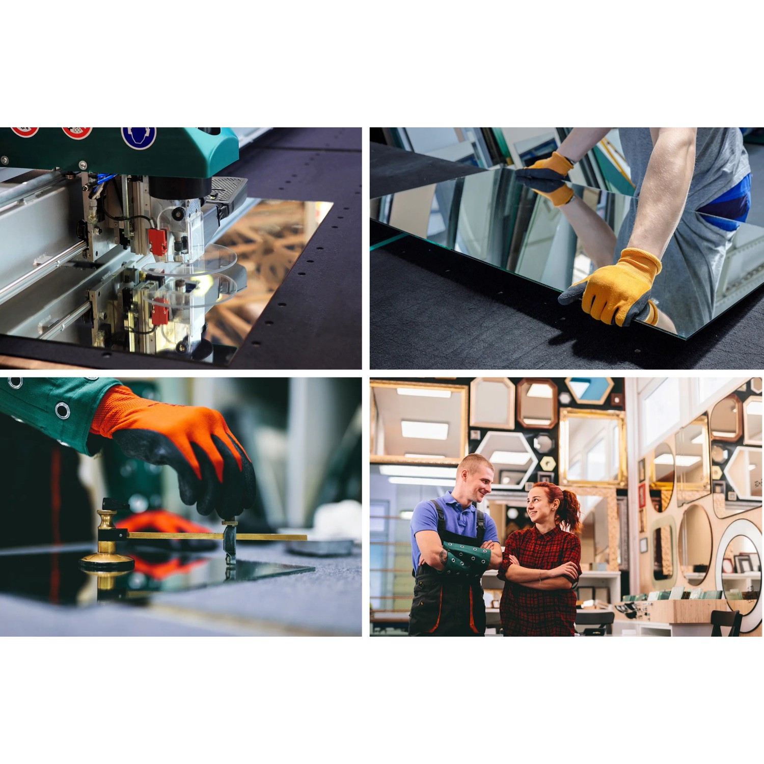 Collage: Herstellung von Tulup LED Spiegeln in Halbrund. Spiegel in Produktion und Kundengespräch.