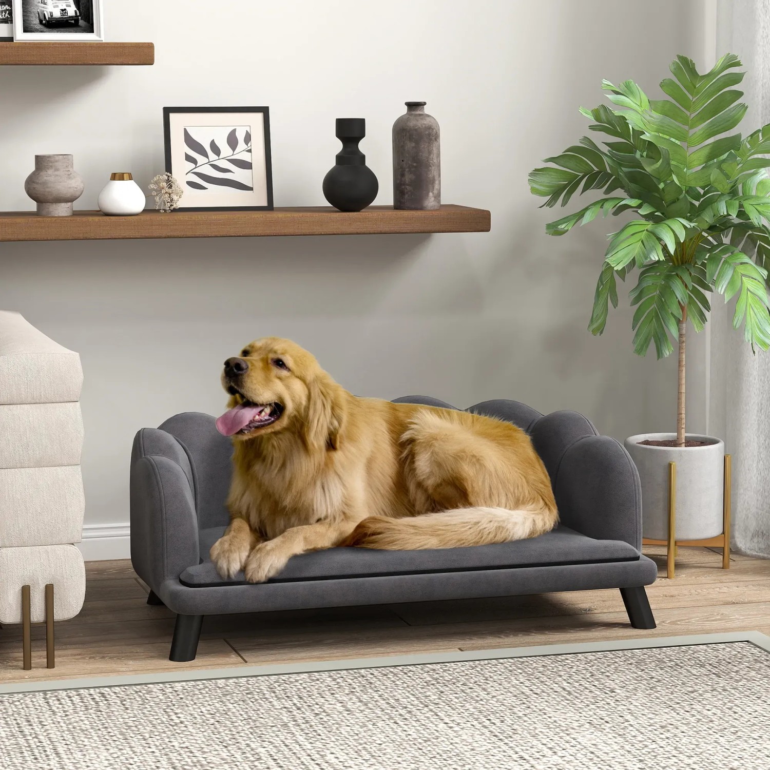 Graues PawHut Hundesofa mit Rückenlehne und Holzbeinen, ideal für kleine Hunde bis 25 kg.