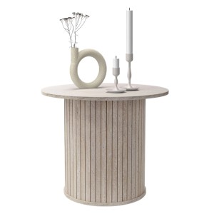 Runder beiger Couchtisch in Stein-Optik, Ø60 cm, mit strukturiertem Sockel. Eleganter Wohnzimmertisch.