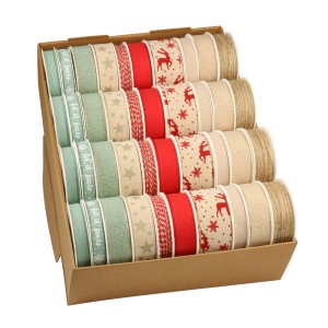 Präsent Geschenkband Weihnachten, verschiedene Designs in Altgrün, Rot und Natur im Display.