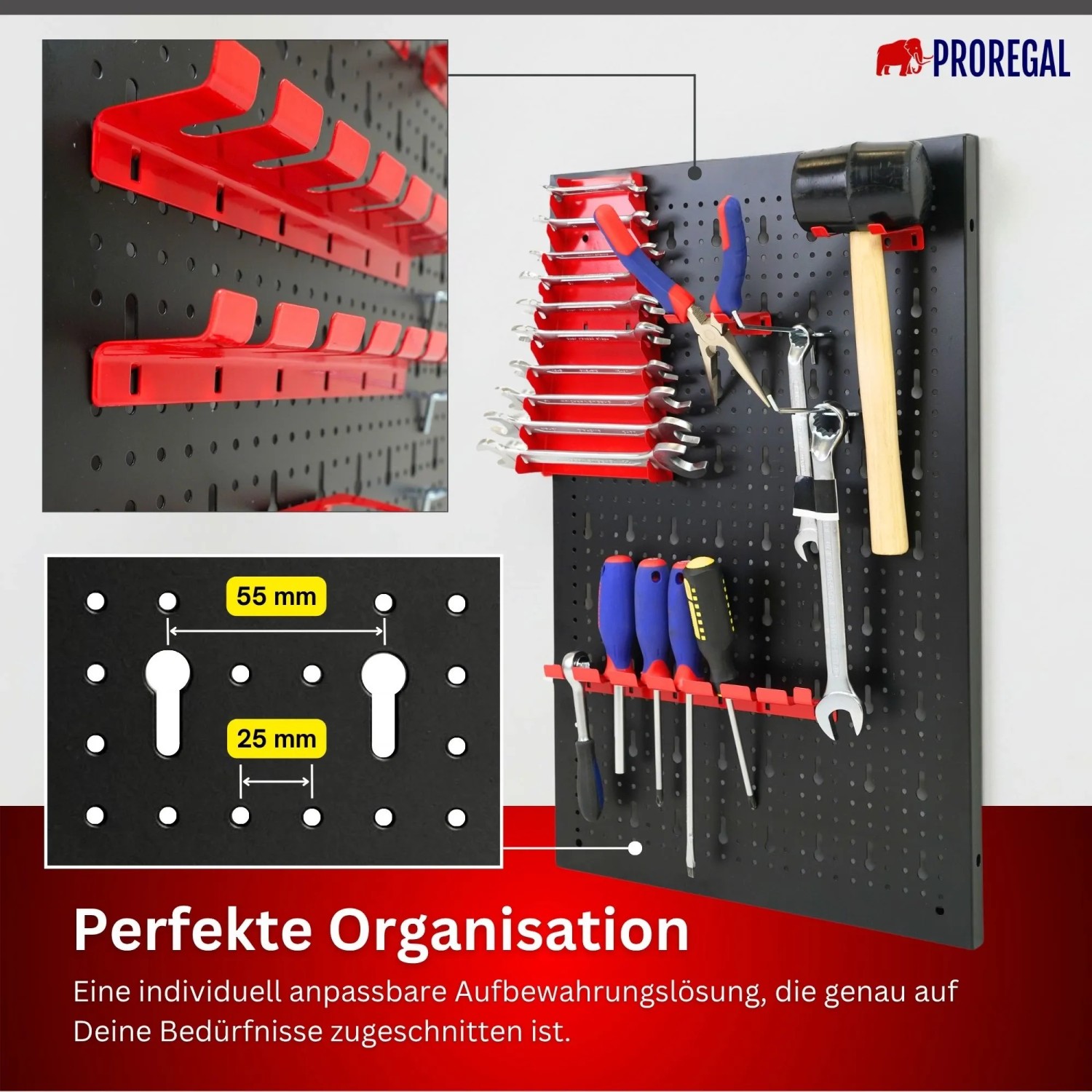 PROREGAL Werkzeug Lochwand Set aus schwarzem Metall mit roten Haltern für Schraubenschlüssel, Schraubendreher und Hammer.