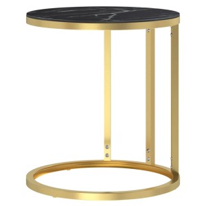 Runder Beistelltisch mit goldfarbenem Eisenrahmen und schwarzer Hartglasplatte in Marmor-Optik. Modernes Design.