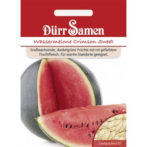 Dürr Samen Wassermelone Crimson Sweet: Saatgutpackung mit angeschnittener, reifer Wassermelone.