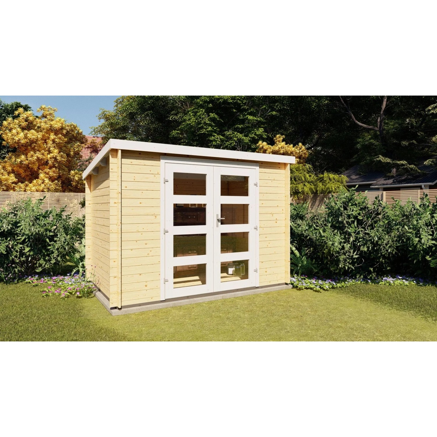 Finn Art Gartenhaus Funny 13, 3x2m, mit Flachdach und Doppeltür. Holz-Gartenhaus ohne Fußboden.