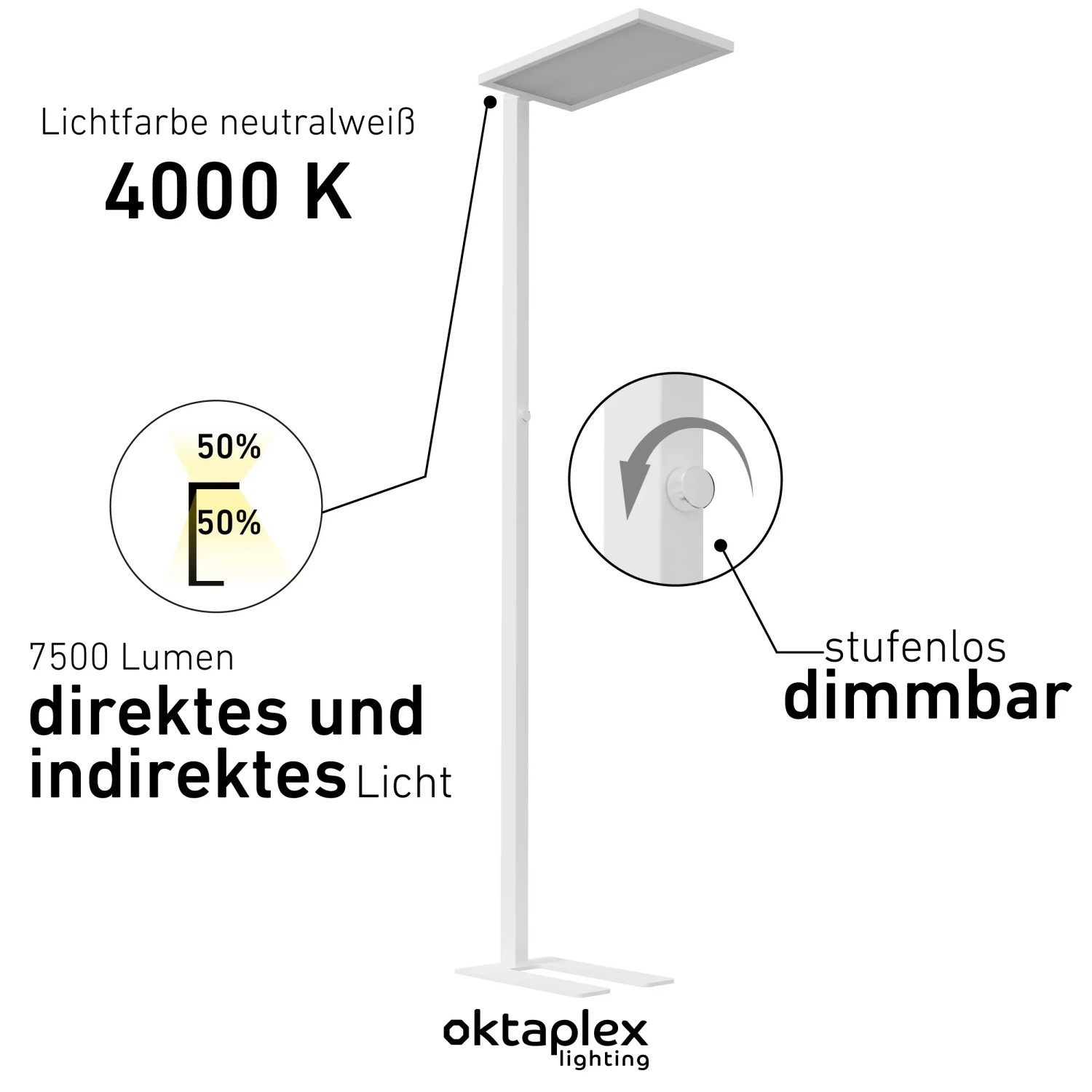 Weiße, dimmbare Oktaplex Malmö LED Stehlampe aus Aluminium für Büro, 7500 Lumen, neutralweißes Licht.