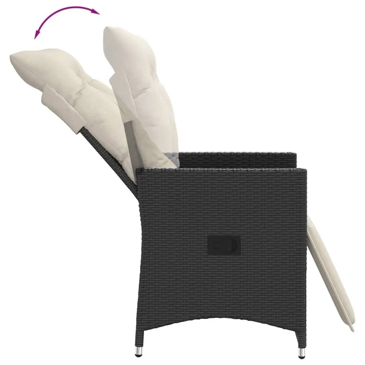 Verstellbarer Gartensessel aus schwarzem Rattan mit Kissen, geeignet für Garten und Terrasse.
