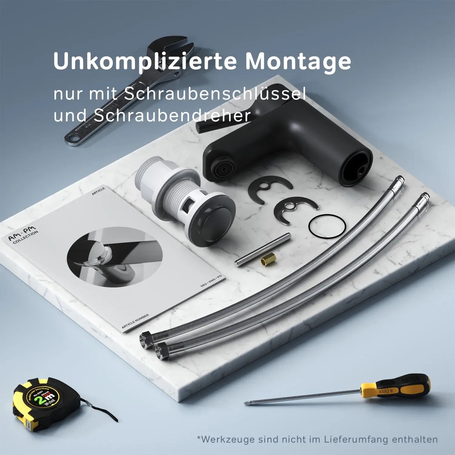 AM.PM Waschtischarmatur X-Joy S Schwarz mit Zubehör für die Montage auf einem Waschtisch.
