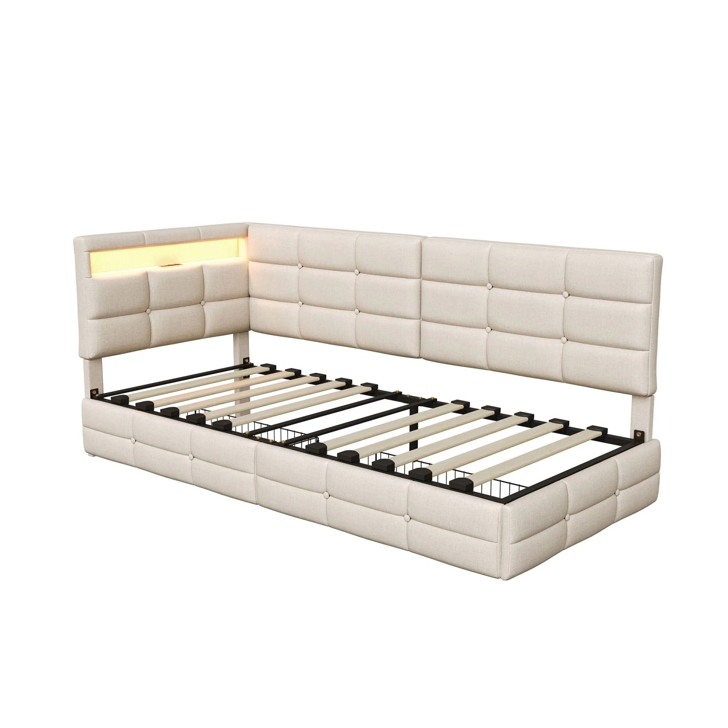 Doppelbett Tagesbett 90x200cm Polsterbett mit LED USB und Stauraum in Beige