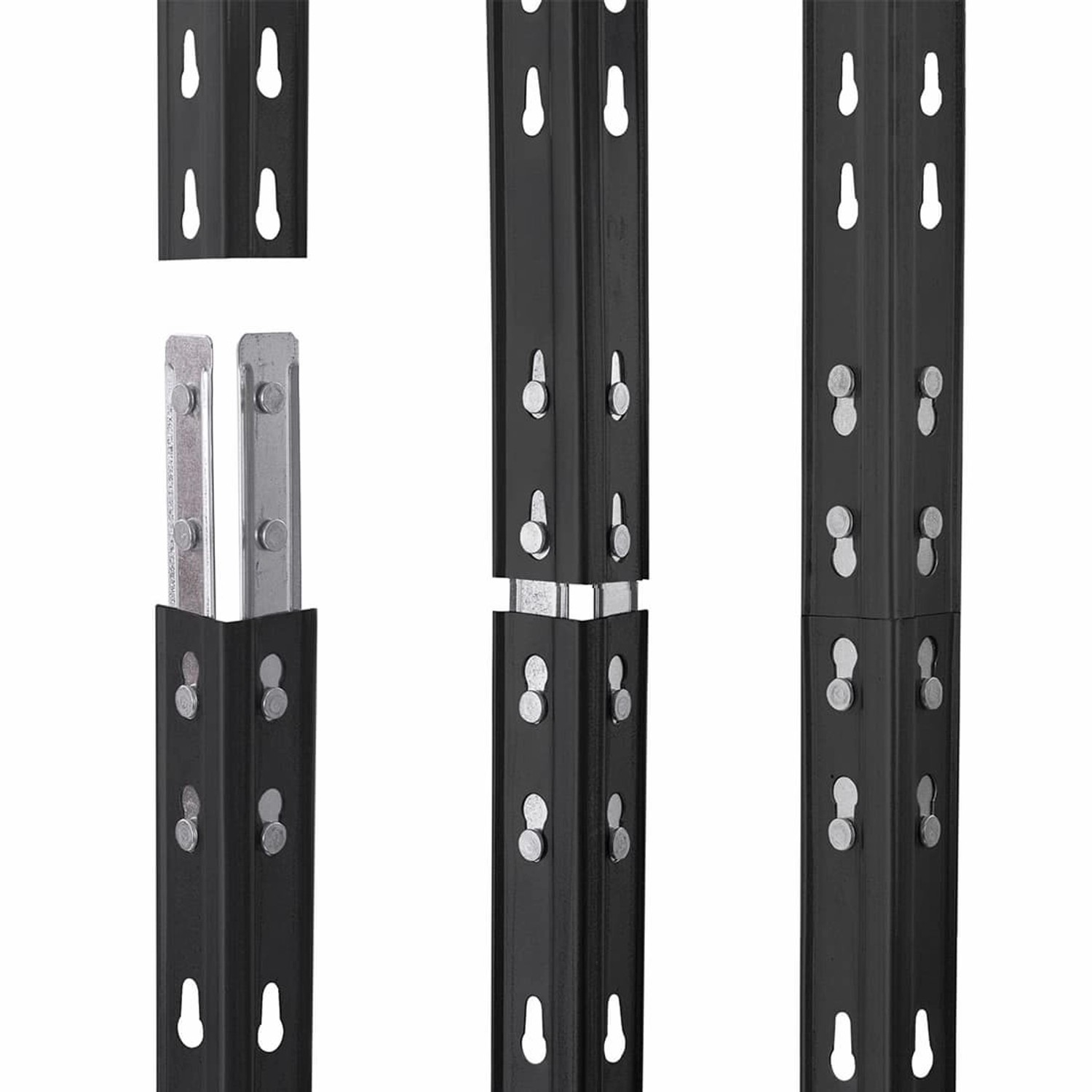 Detailaufnahme: Anthrazitfarbenes Ar Shelving Rivet Schwerlastregal, Stecksystem.