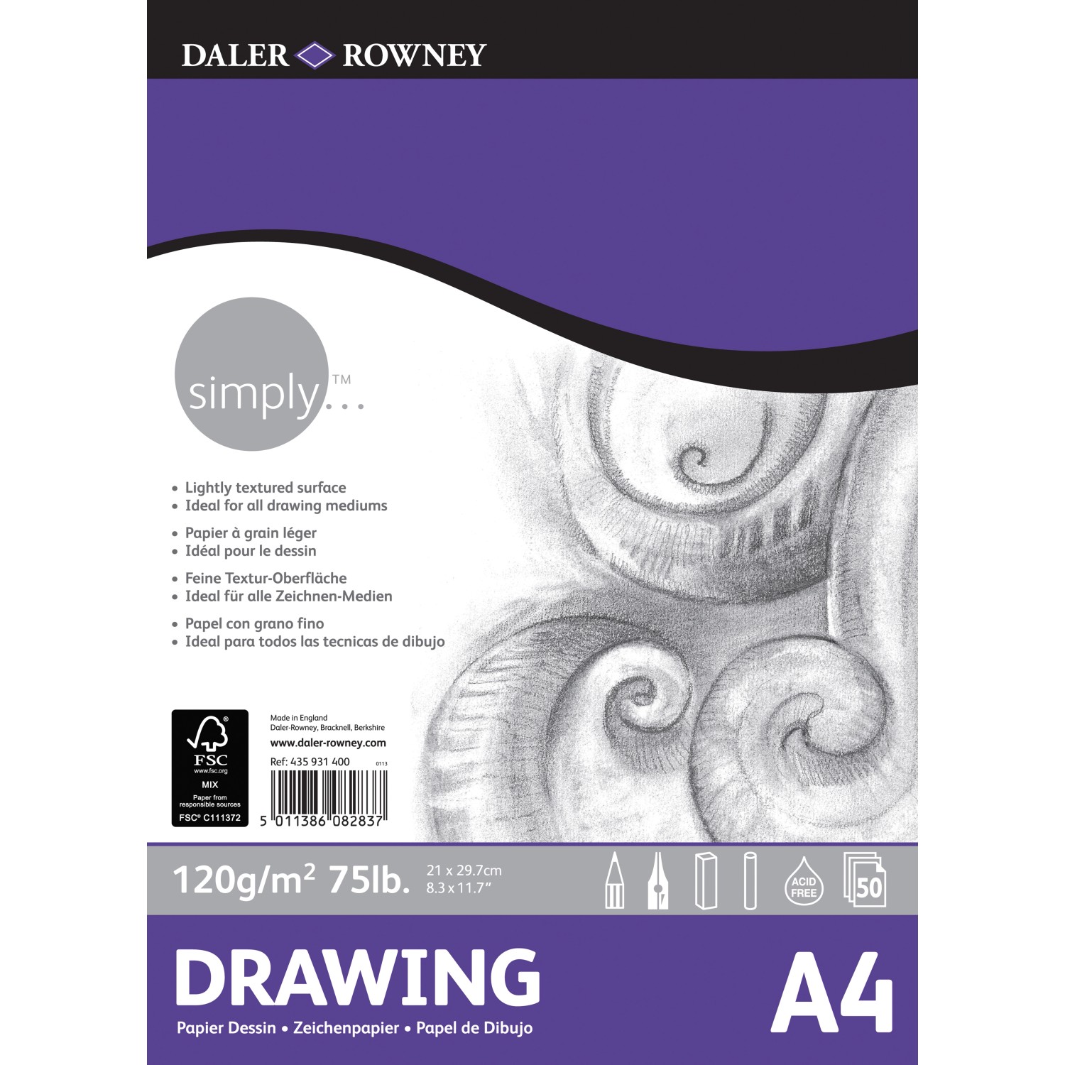 Daler-Rowney Simply Zeichenpapier DIN A4, 120 g/m², 50 Blatt