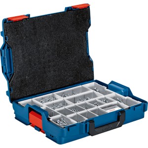 Offener Bosch Schraubenkoffer mit Spanplattenschrauben und Bits in Fächern. Ideal für Heimwerker.