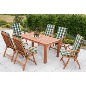 13-teilige Gartenmöbelgruppe Comodoro aus Eukalyptusholz mit Klapptisch und 6 Klappsesseln mit karierten Auflagen.