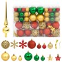 vidaXL 112-tlg. Weihnachtskugel-Set in Rot, Grün und Gold mit Christbaumspitze, Kugeln, Sternen und Schneeflocken.