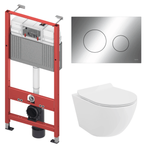 KOLMAN WC-Komplettset: weißes Wand-WC, rotes Vorwandelement, glänzende Chrom-Betätigungsplatte für Badinstallation.