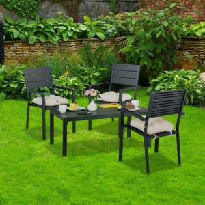 Schwarzer Relaxdays Gartentisch aus Stahl/Kunststoff, rechteckig, Holzoptik. Wetterfest für Garten, Balkon, Terrasse.