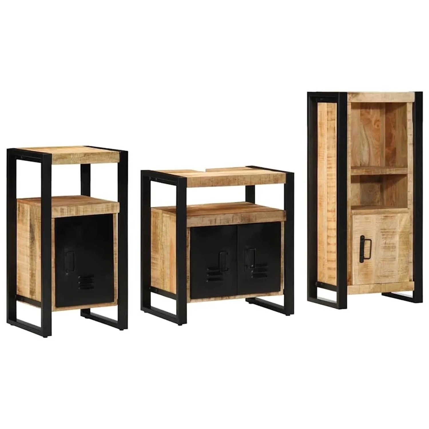 vidaXL Badezimmermöbel-Set 3 Tlg Braun und Schwarz Massivholz Mango 3305614