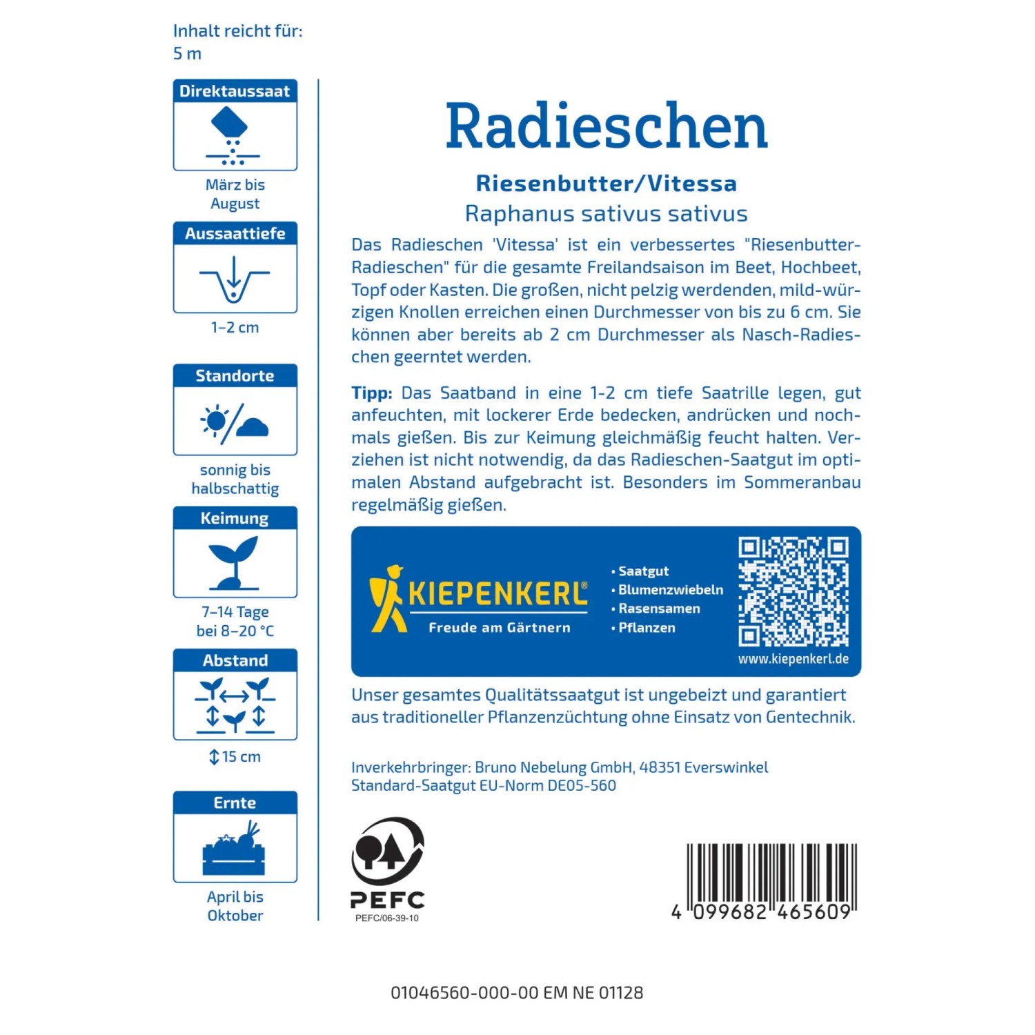 Kiepenkerl Radieschen Vitessa Saatband: Leuchtend rote, runde Radieschen für die Sommerernte.