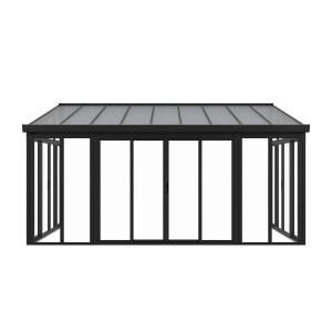 Juskys Wintergarten, 292x548x312 cm, dunkelgrau, mit Polycarbonat-Wänden und Schiebetüren.