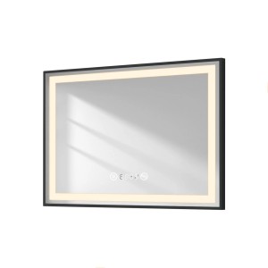 Emke Badspiegel 70x50cm mit LED-Beleuchtung, schwarzem Rahmen, Touch, Antibeschlag, Uhr und Temperaturanzeige.