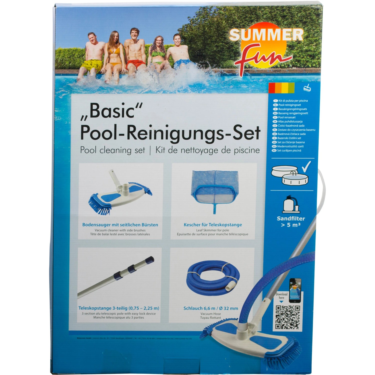 Summerfun Reinigungsset für Pools mit Bürste, Kescher, Teleskopstange und Schlauch.