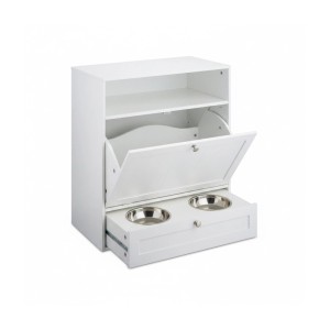 Relaxdays Futterschrank Hunde MDF Edelstahl Weiß Silber Mit Kippfach Kippschutz 68 cm x 60 cm x 33 cm 18,2 kg