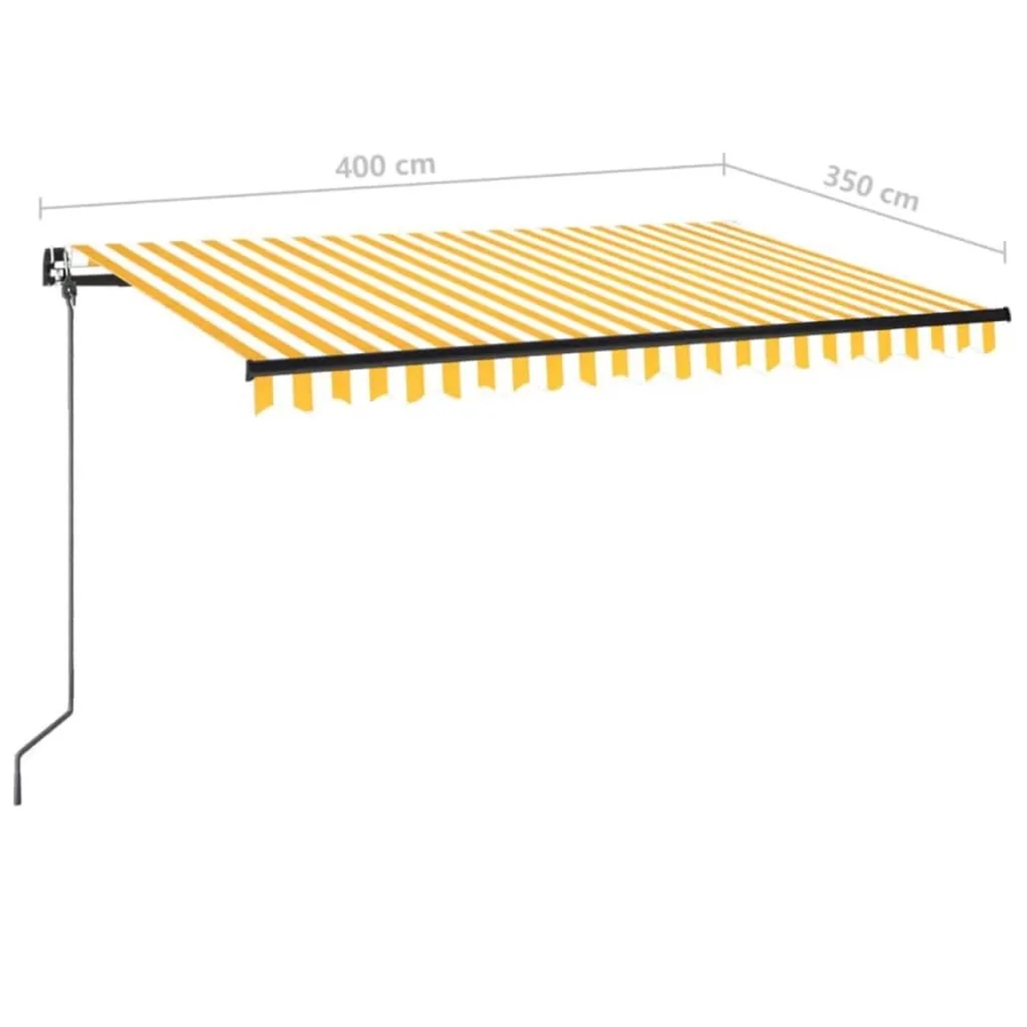 Manuelle Markise 400x350 cm, gelb-weiß gestreift mit Anthrazitrahmen. Einziehbarer Sonnenschutz für Terrasse.