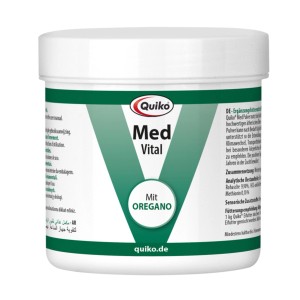 Quiko Med mit Oregano-Öl, Ergänzungsfutter für Ziervögel im weißen Behälter.
