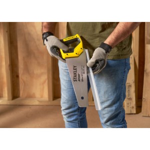 Stanley Jetcut Handsäge (380mm) mit gelbem Griff für grobe Holzschnitte.