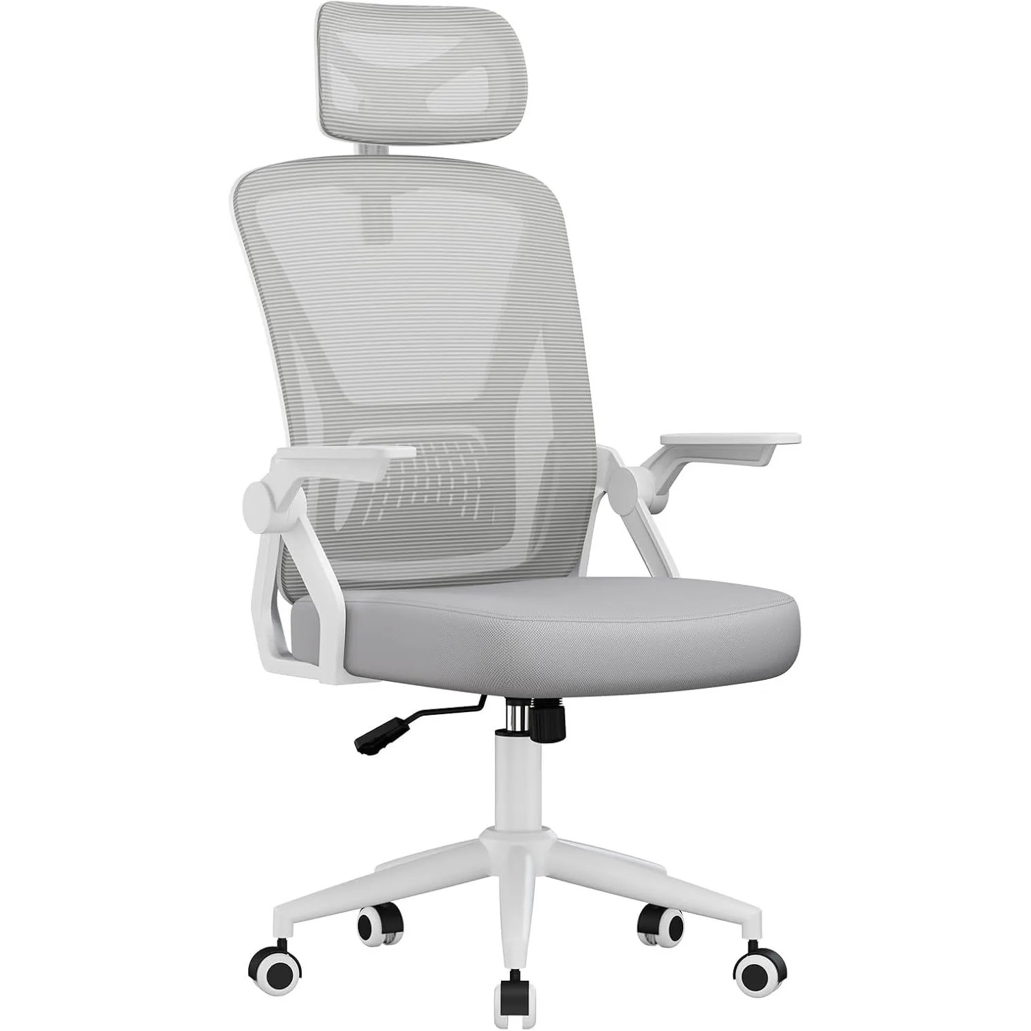 Rattantree Ergonomischer Bürostuhl mit Hoher Rückenlehne Verstellbarer Kopfstütze Hochklappbaren Armlehnen und Wippfunktion Grau
