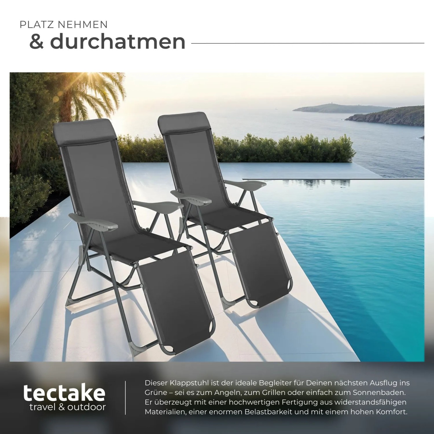 Zwei anthrazitfarbene Tectake Aluminium Klapp-Gartenstühle mit verstellbarer Rückenlehne am Pool.