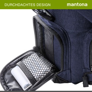 Mantona Kameratasche Blau, Detail offenes Seitenfach mit Netz und Zubehör. Sichere Aufbewahrung für Foto-Equipment.