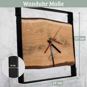 DELUKE Wanduhr Groß Holz EFFO HANDGEFERTIGT 37x37cm Eiche Geräuschlos Wohnzimmeruhr Holz-Metalloptik Küchenuhr Dekouhr mit Nuten