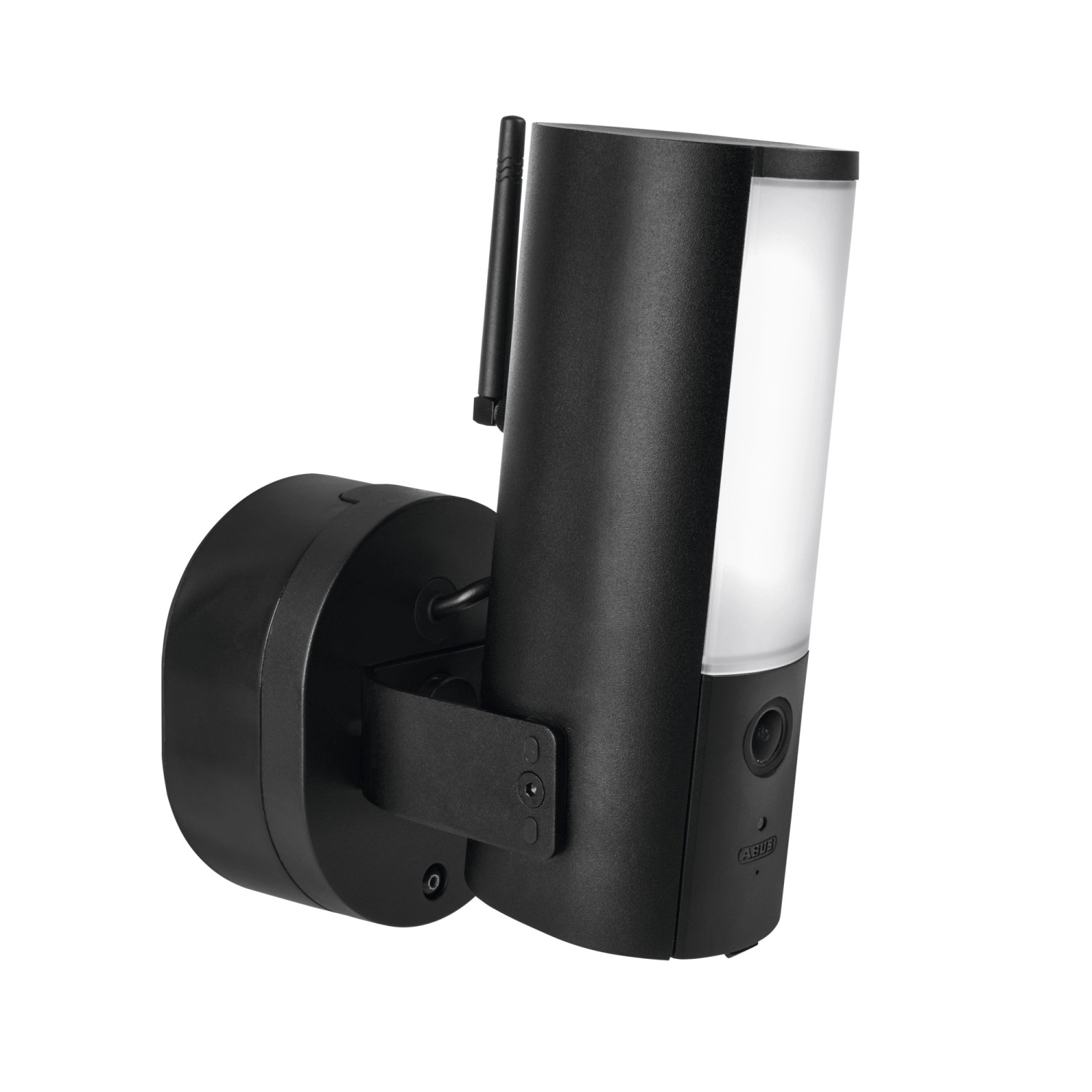Schwarze Abus WLAN Außenkamera PPIC46520 mit Antenne und integrierter Lampe.