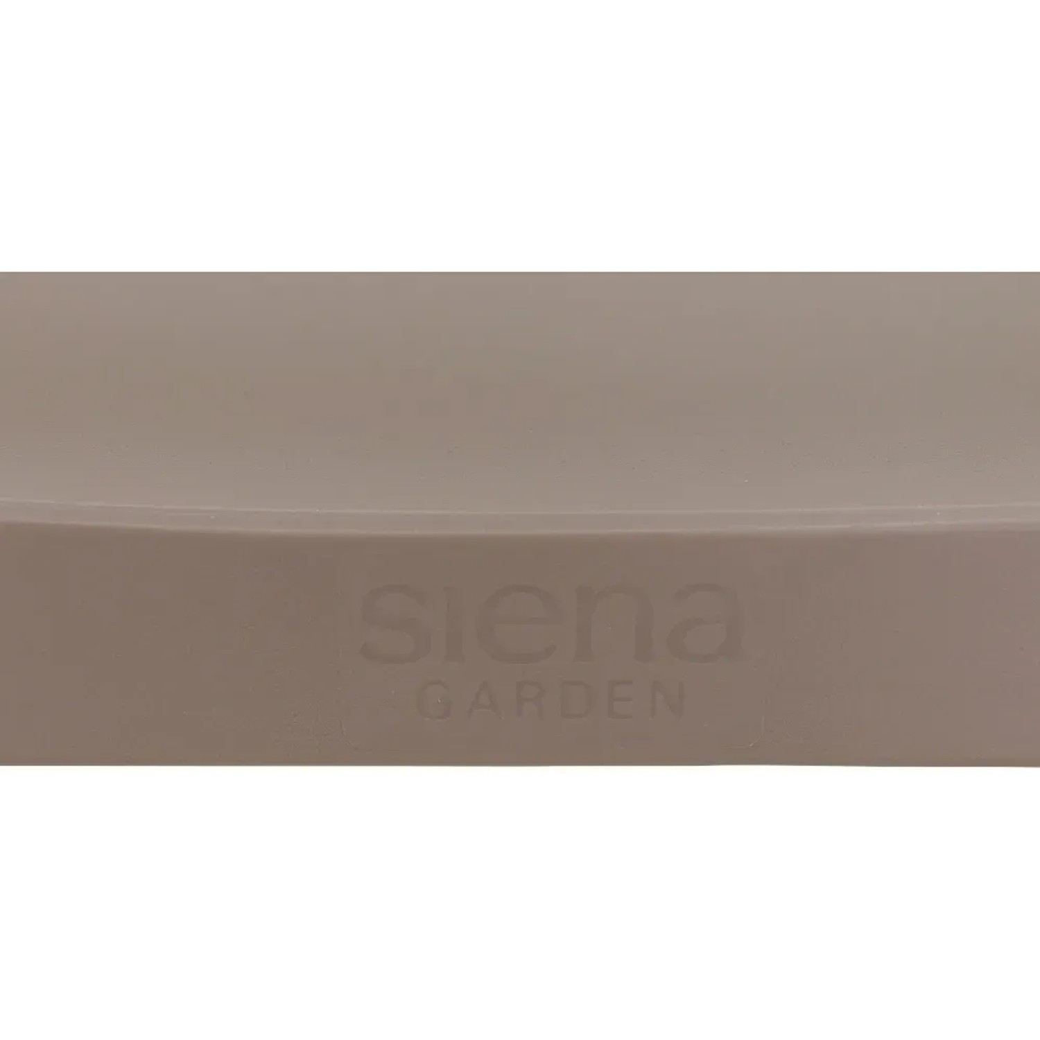 Detailaufnahme: Siena Garden Lane Stapelsessel in Taupe mit Logo.