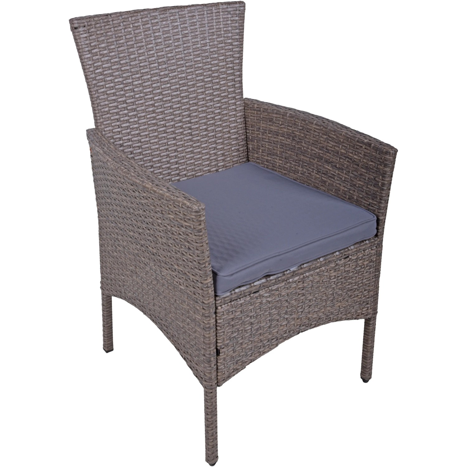 Brauner Sessel aus Polyrattan mit grauem Kissen, Teil des 3-tlg. Balkon-Sets Dakota von Garden Pleasure.